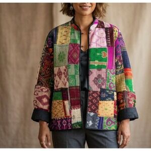 Cosmos Silk Reversible Patchwork Quilted Jacket Multicolor Black India Large